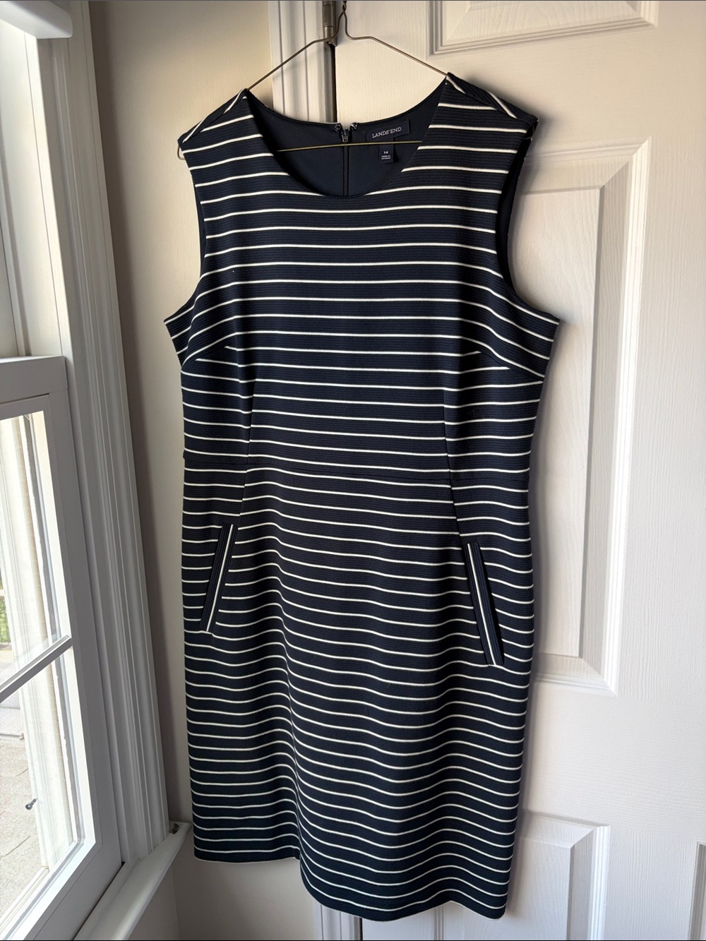 Lands' End Navy and White Striped Sleeveless Shift Dress
